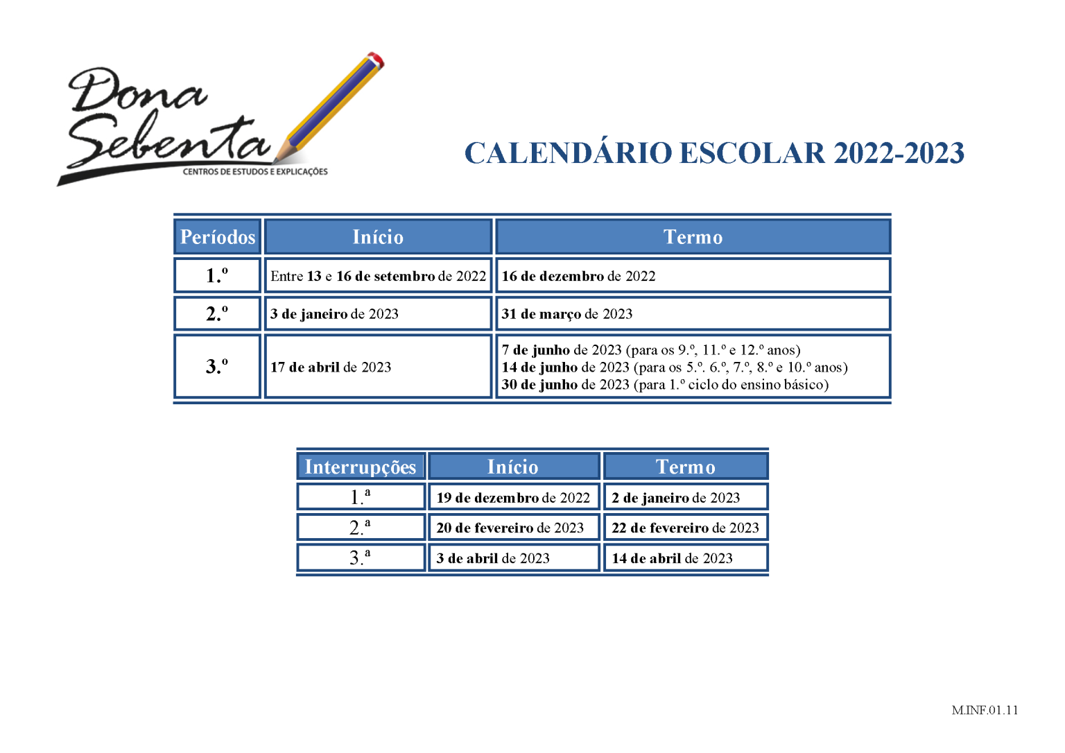 Calendário escolar do ano letivo 2022/2023 | Dona Sebenta
